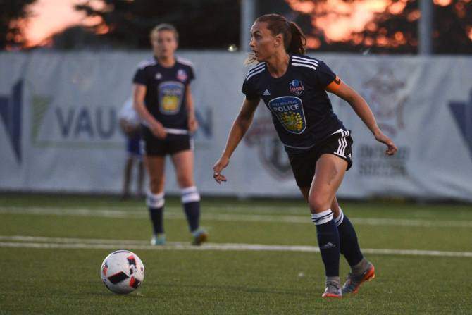 FC London striker Jade Kovacevic lines up a kick during a League 1 Ontario match in London.