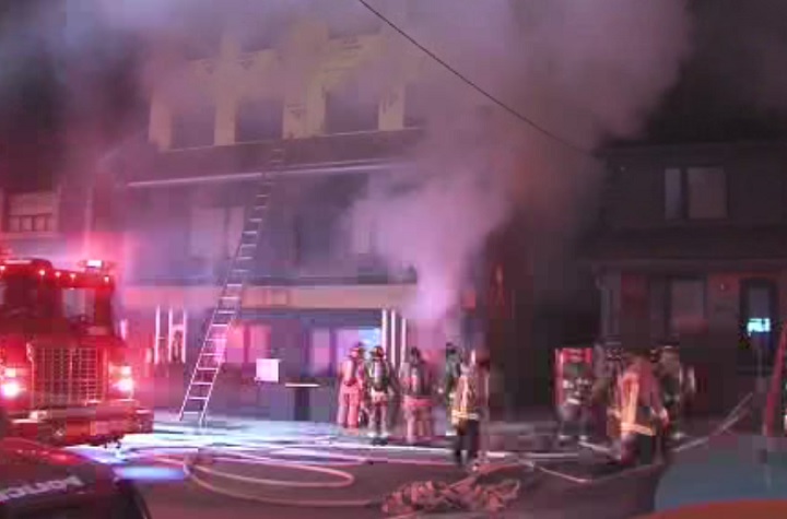 A two-alarm fire guts a building under construction at Oakwood Ave. and Rogers Rd. in Toronto on Jan. 17, 2019.
