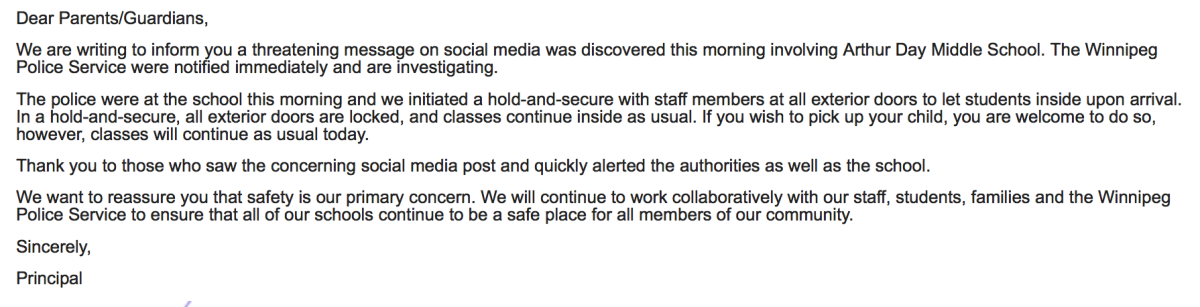 A note from Arthur Day Middle School to parents.