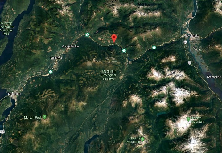 The location of the accident between Revelstoke and Sicamous.