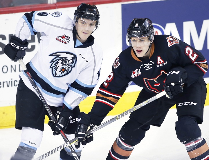 The WHL announced on Tuesday that the Kootenay Ice will be relocating to Winnipeg after this season. Here, Petyon Krebs of the Kootenay Ice and Dakota Krebs of the Calgary Hitmen jockey for position during WHL action in Calgary on Sunday, Nov. 11, 2018.