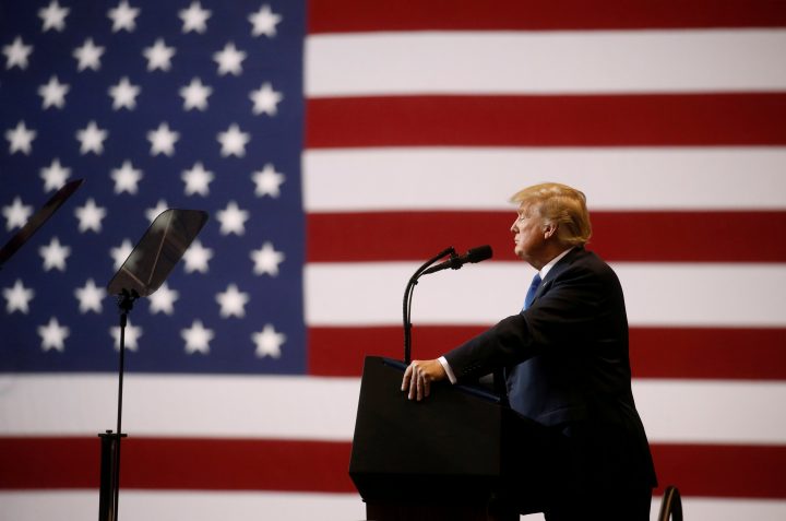 U.S. President Donald Trump speaks during campaign rally at Mohegan Sun Arena in Wilkes-Barre, Pennsylvania, U.S.