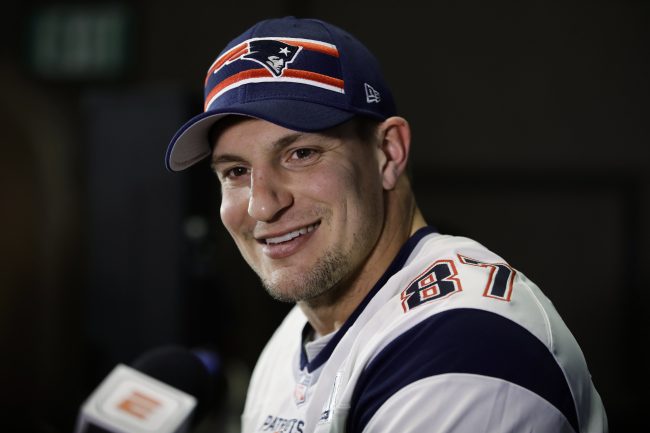 New England Patriots’ Rob Gronkowski speaks with members of the media during a news conference, Jan. 30, 2019, ahead of the NFL Super Bowl 53 football game against the Los Angeles Rams in Atlanta.