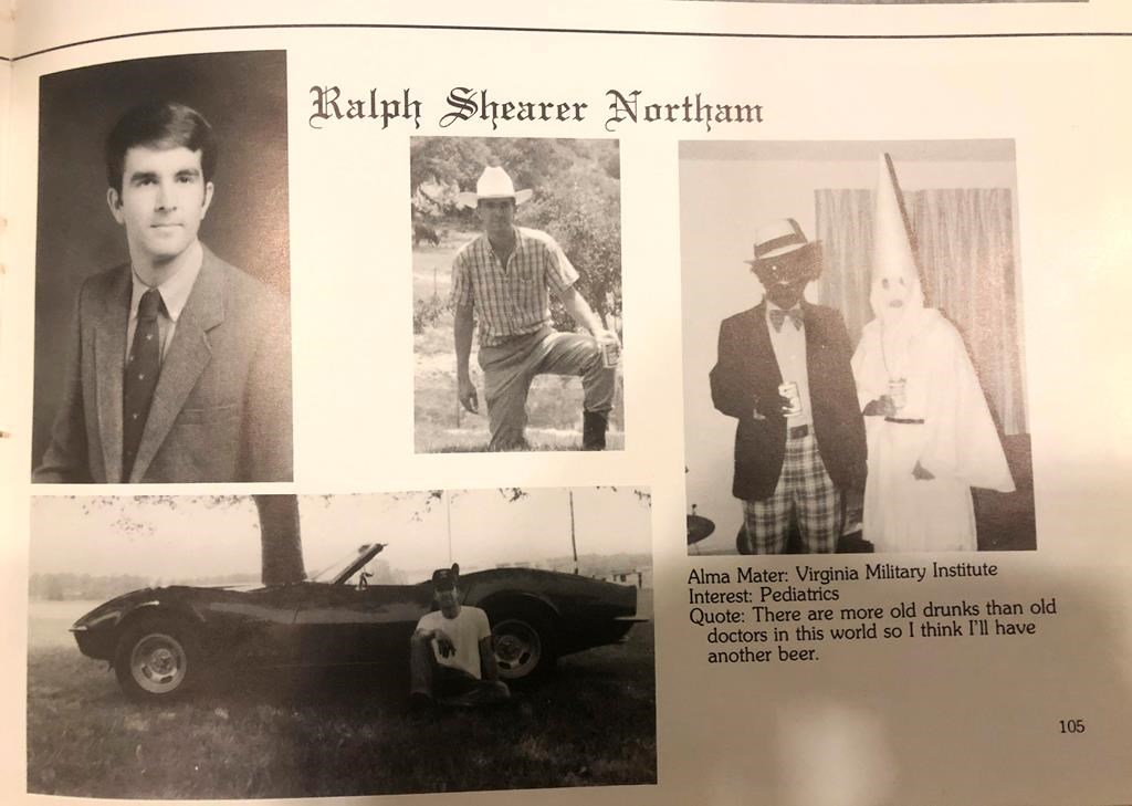 This image shows Virginia Gov. Ralph Northam’s page in his 1984 Eastern Virginia Medical School yearbook. The page shows a picture, at right, of a person in blackface and another wearing a Ku Klux Klan hood next to different pictures of the governor. (Eastern Virginia Medical School via AP)