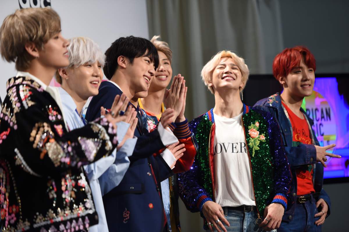 BTS poses in the press room at the 2017 American Music Awards, on Nov. 19, 2017, in Los Angeles, Calif.