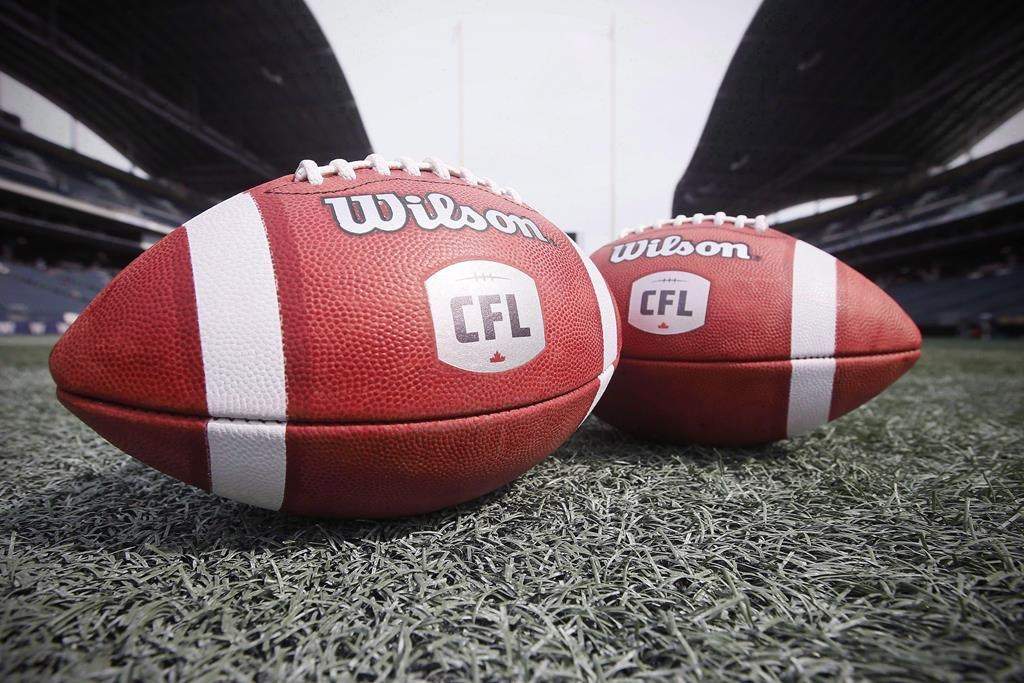 New CFL balls are photographed at the Winnipeg Blue Bombers stadium in Winnipeg Thursday, May 24, 2018.