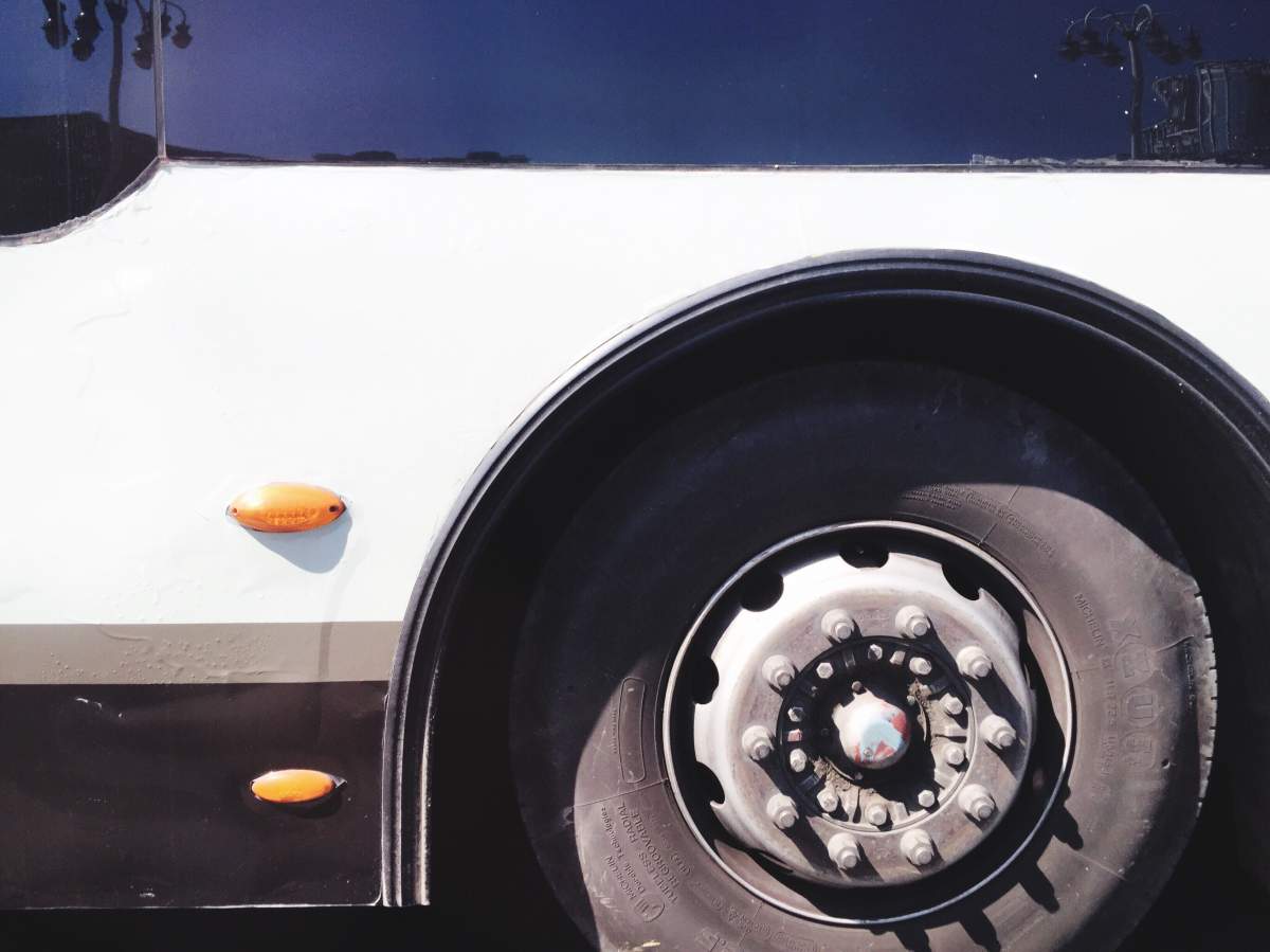 A close up of a bus.