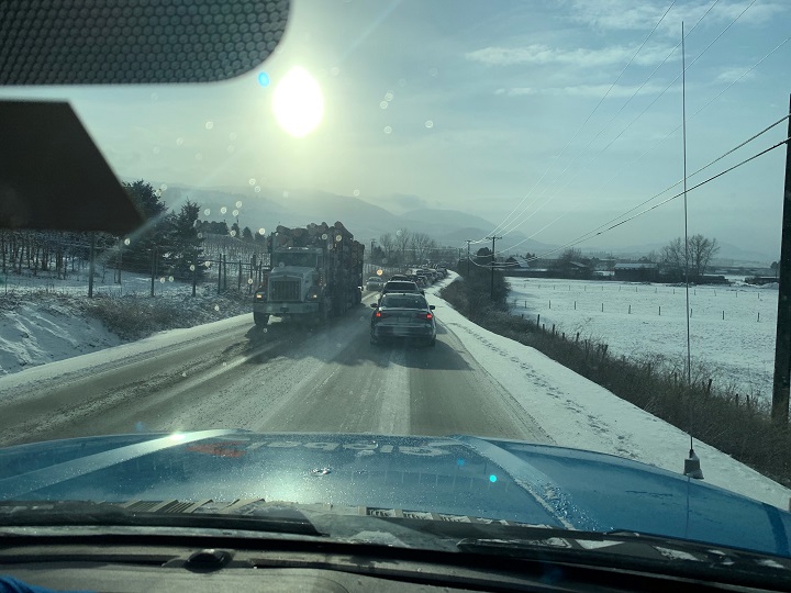 Traffic along Old Vernon Road in Kelowna had long lineups this morning because of the crash along Highway 97.