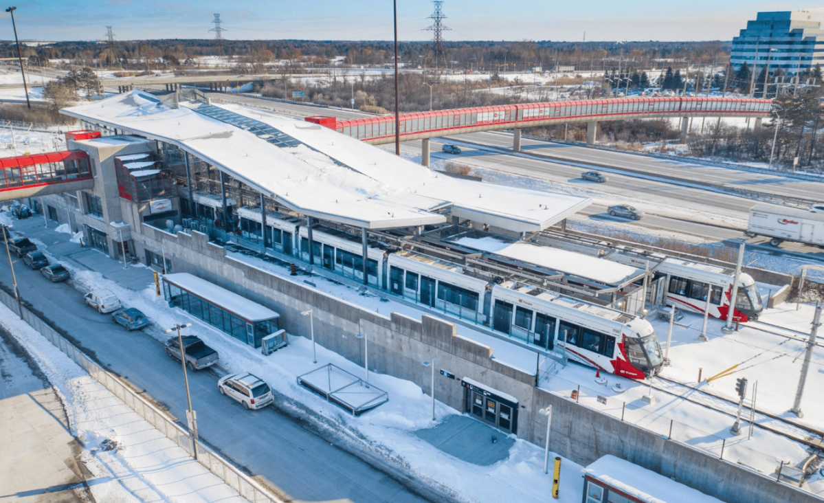 A photograph of the Blair LRT station, the final stop at the eastern tip of the Confederation line. The head of OC Transpo says he's "highly skeptical" the consortium building the LRT will meet its deadline of March 31, 2019. The Rideau Transit Group, however, says it's "confident" it will.