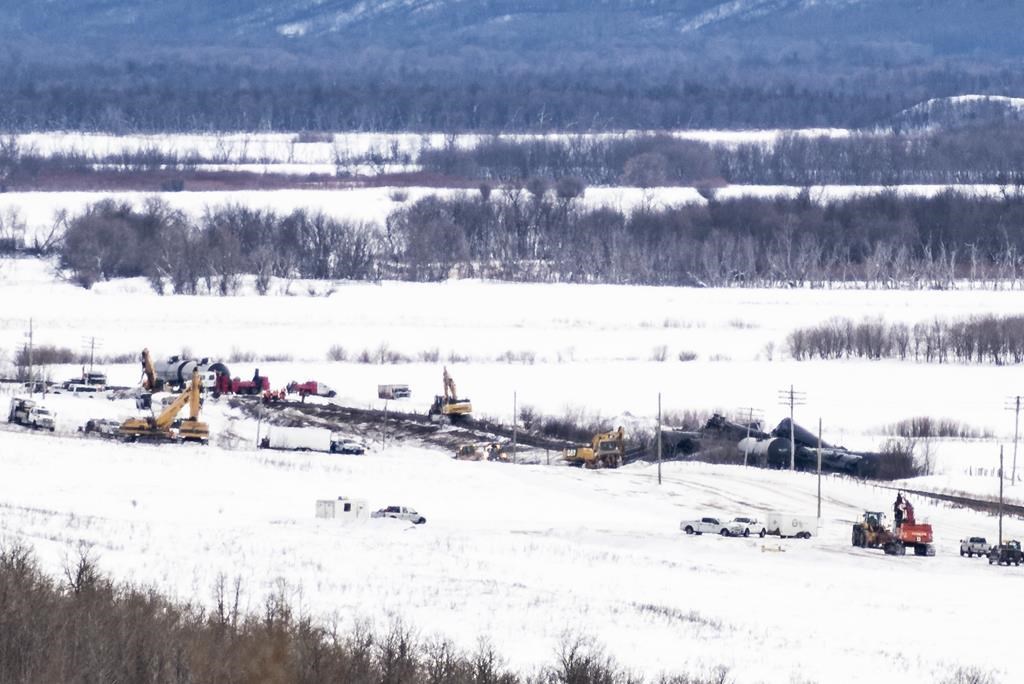 Excavators work at the site of a train derailment ten-kilometres south of St. Lazare, Man. on Saturday February 16, 2019. THE CANADIAN PRESS/Michael Bell.