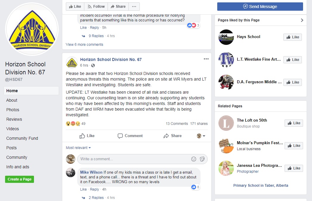 Horizon School Division issued a statement on Facebook
