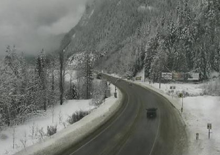 Road conditions at Three Valley Gap, approximately 20 kilometres west of Revelstoke.
