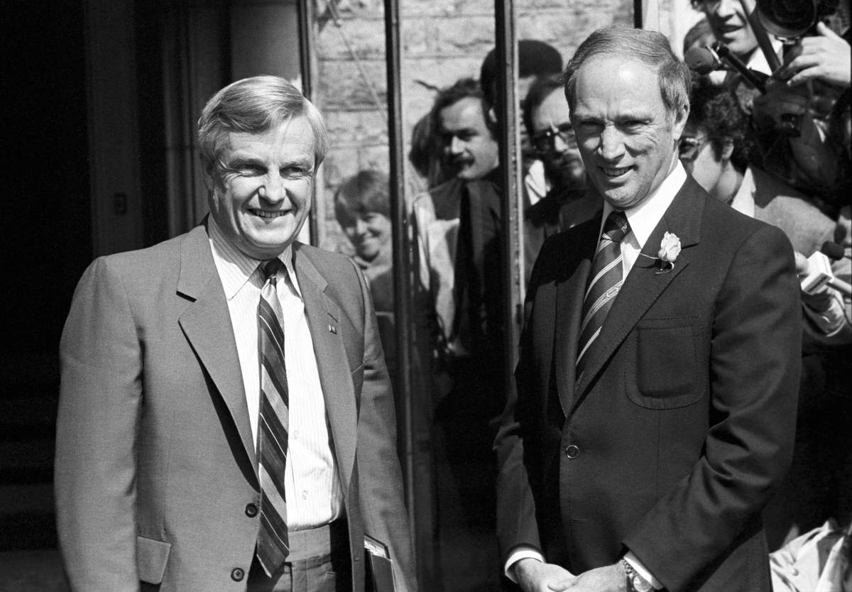 Prime Minister Pierre Trudeau greets Alberta Premier Peter Lougheed at 24 Sussex Drive prior to the Constitutional Conference with Premiers and Trudeau, Ottawa, June 9, 1980.