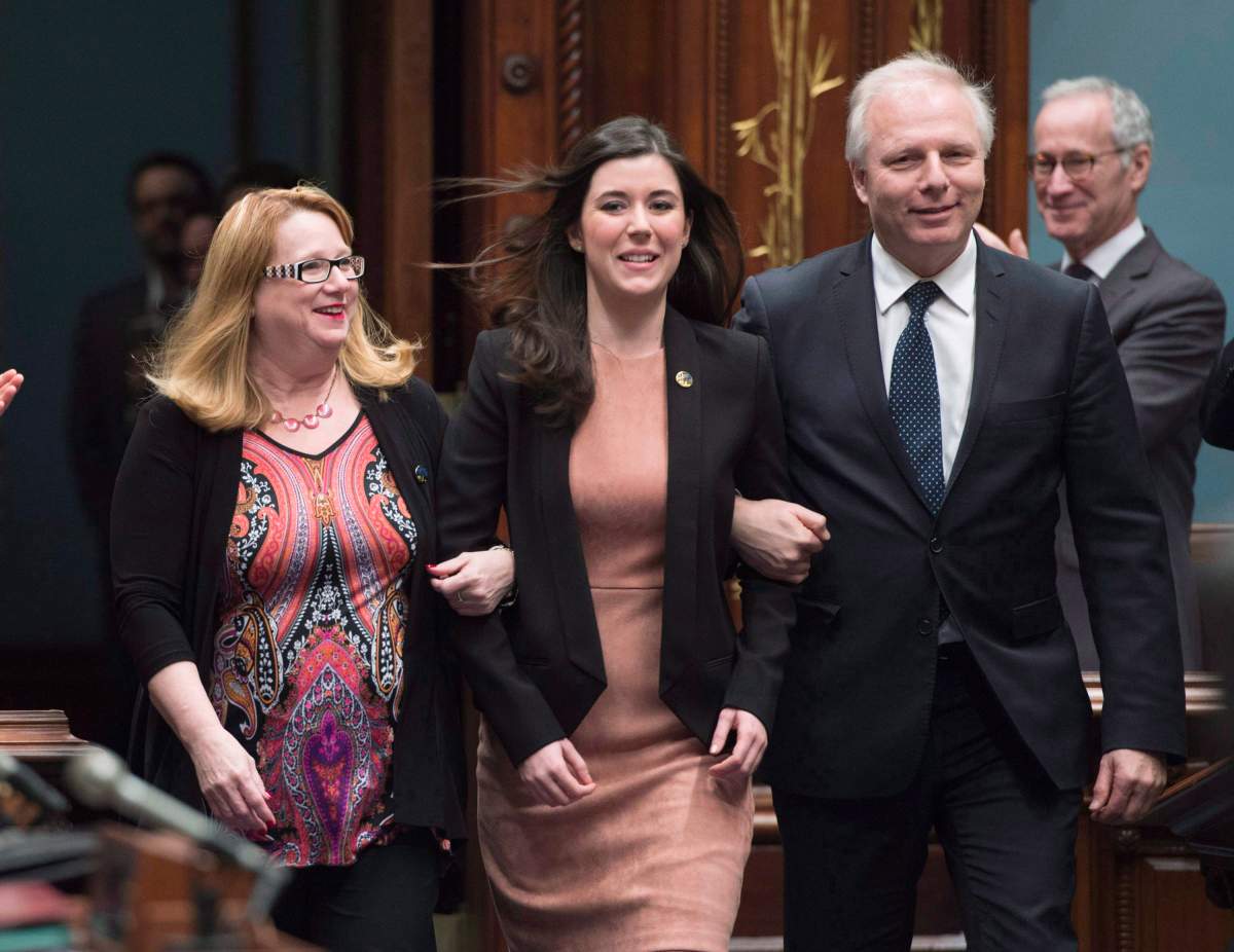 Catherine Fournier, centre, with Jean-François Lisée, right, and Carole Poirier, in 2017 at the Quebec National Assembly.