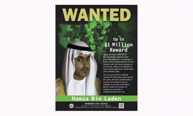 This wanted poster released by the U.S. Department of State Rewards for Justice program shows Hamza bin Laden.