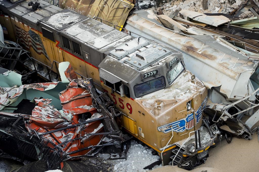 A train derailment is shown near Field, B.C., Monday, Feb. 4, 2019.