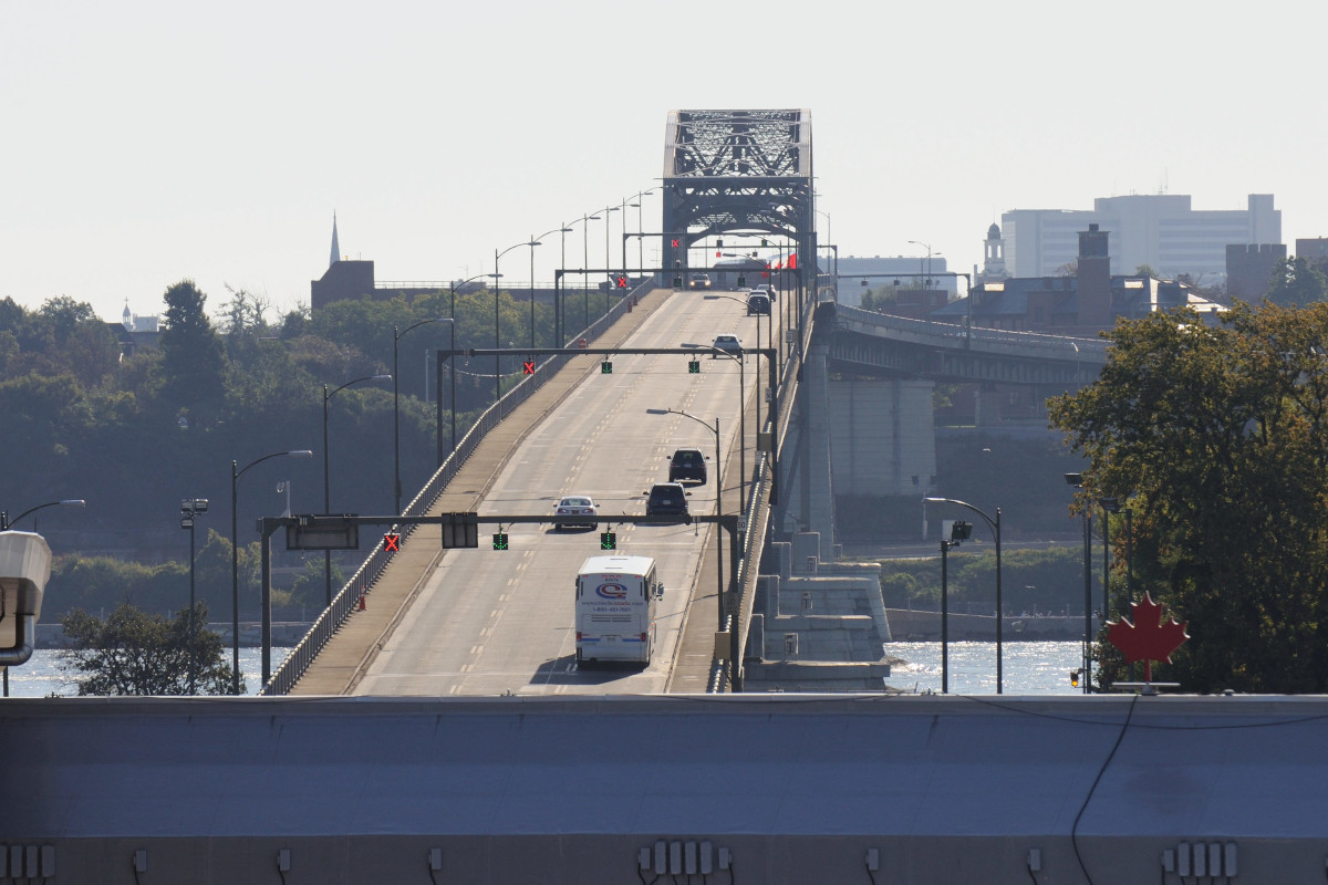 The Fort Erie Peace Bridge and customs plaza on the Canadian side, viewing towards Buffalo.