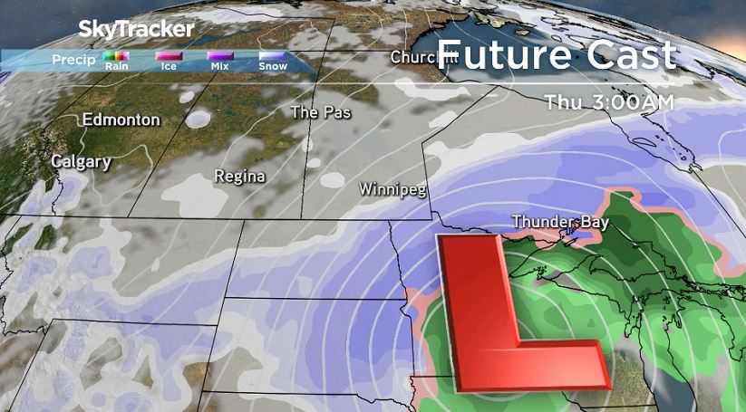 GFS model run of Colorado Low tracking into southern Manitoba Mar. 14, 2019.