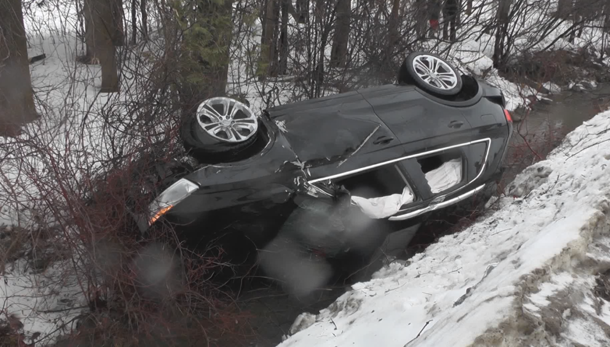 One man has been taken to hospital after his car landed in a ditch in Peterborough.