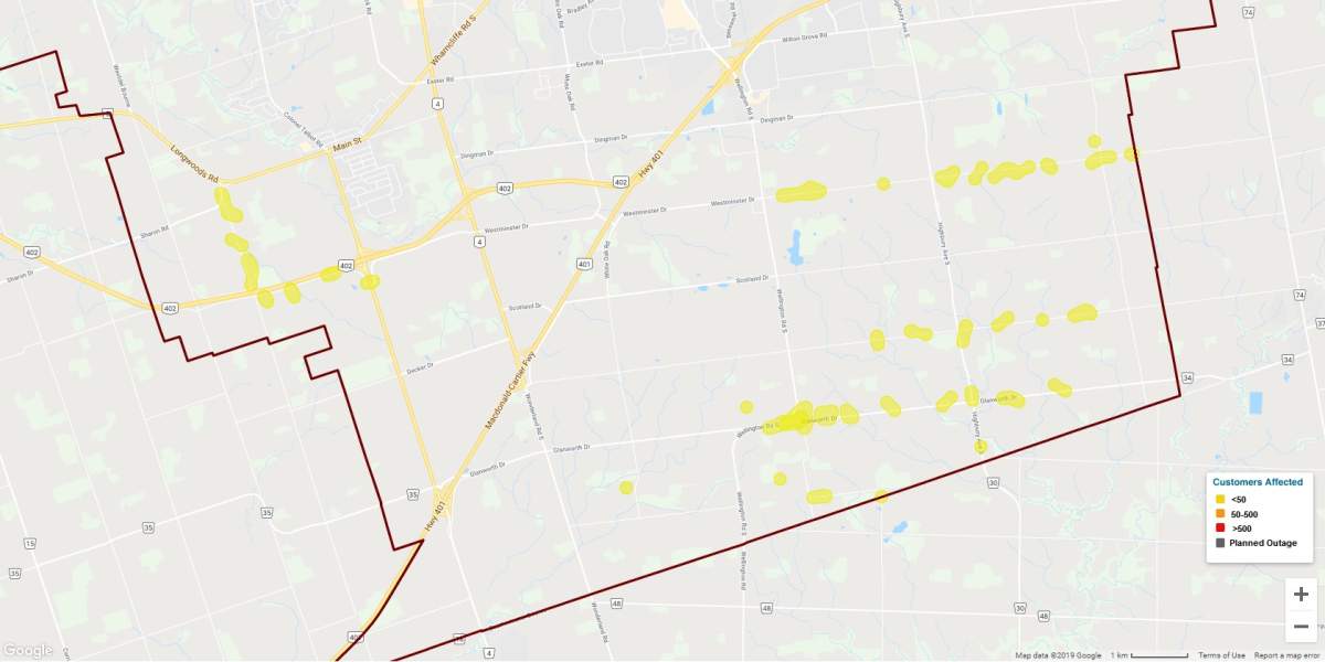 A snapshot of London homes affected by outages as of 9 a.m. Sunday morning.