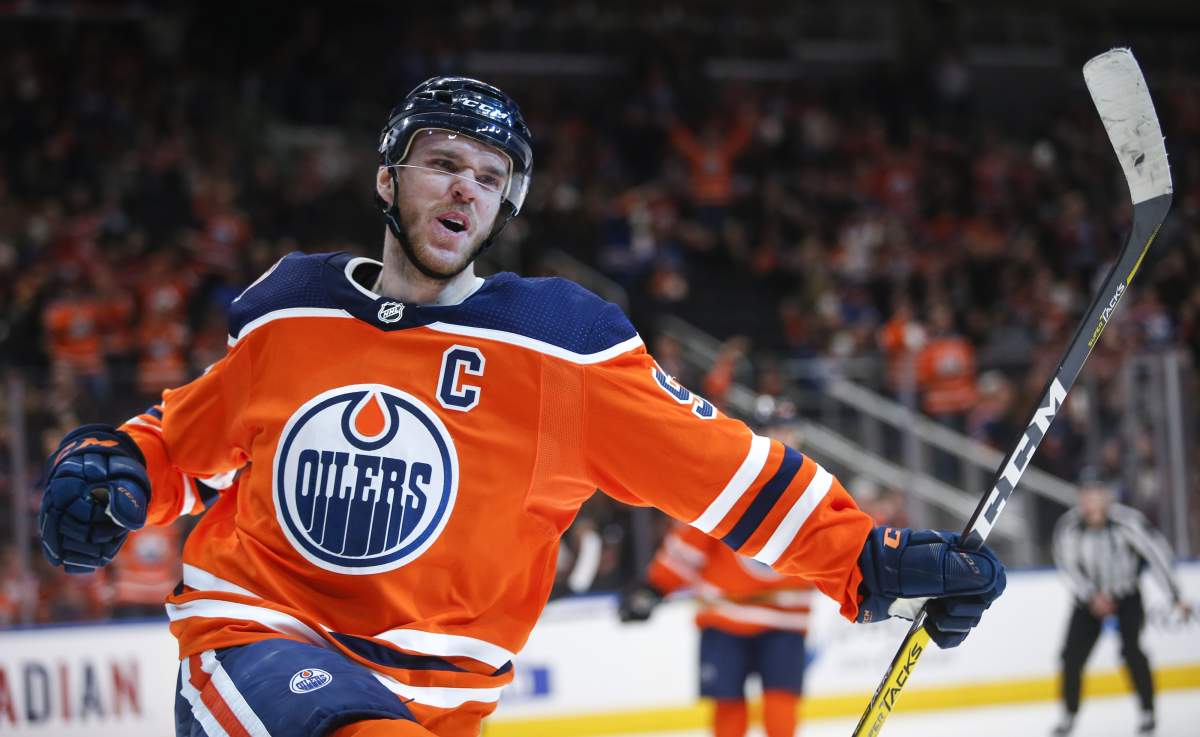 Edmonton Oilers' Connor McDavid celebrates his goal during second period NHL hockey action against the Ottawa Senators in Edmonton, Saturday, March 23, 2019. 