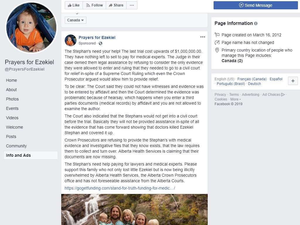 A screenshot of the sponsored post by Facebook page Prayers for Ezekiel.