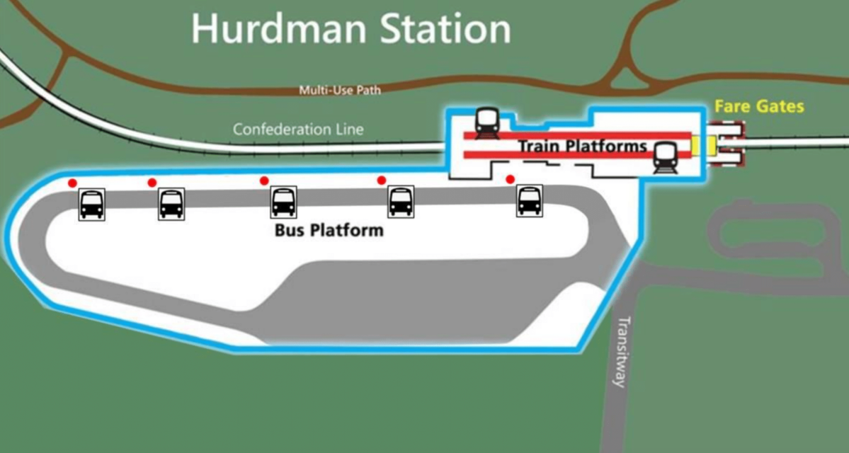 A map of Hurdman transit station in Ottawa, once the LRT line opens. Passengers arriving at the four major transfer stations, including Hurdman, will be dropped off in a fare-paid zone so they can walk directly to the LRT or bus platform without having to tap their Presto card again or show proof of payment.
