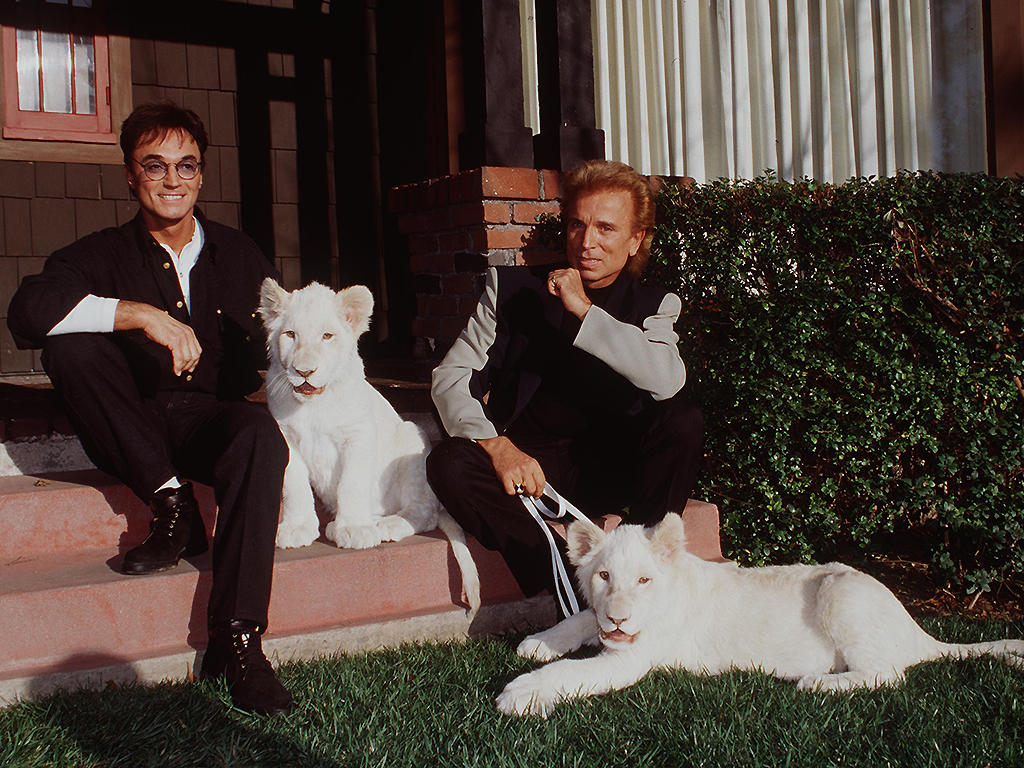 Siegfried and Roy pose with their white lions on January 18, 1996 in Los Angeles, Calif.