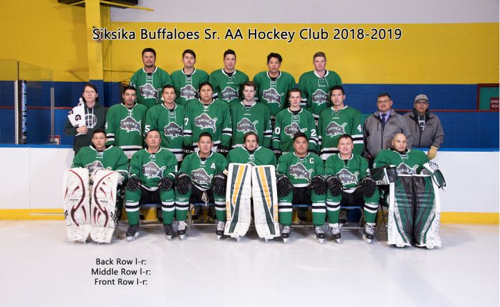 Attached photo of 2018-2019 Siksika Buffaloes. Kristian Ayoungman is the player in the middle row, second from the left (first player in jersey).