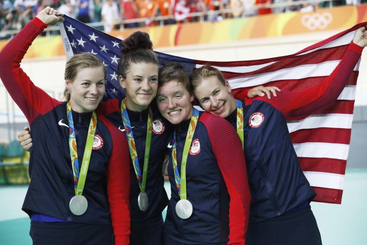 Silver medal winners USA Jennifer Valente, Chloe Dygert, Kelly Catlin and Sarah Hammer pose after the medal ceremony for the women’s Team Pursuit final of the Rio 2016 Olympic Games Track Cycling events at the Rio Olympic Velodrome in the Olympic Park in Rio de Janeiro, Brazil, 13 August 2016.