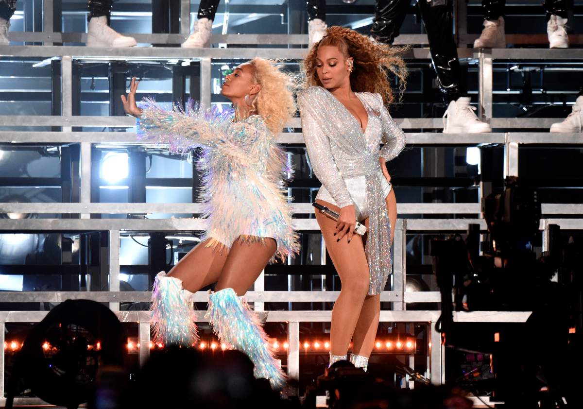 Solange Knowles (L) and Beyonce Knowles perform onstage during the 2018 Coachella Valley Music And Arts Festival at the Empire Polo Field on April 21, 2018 in Indio, Calif.