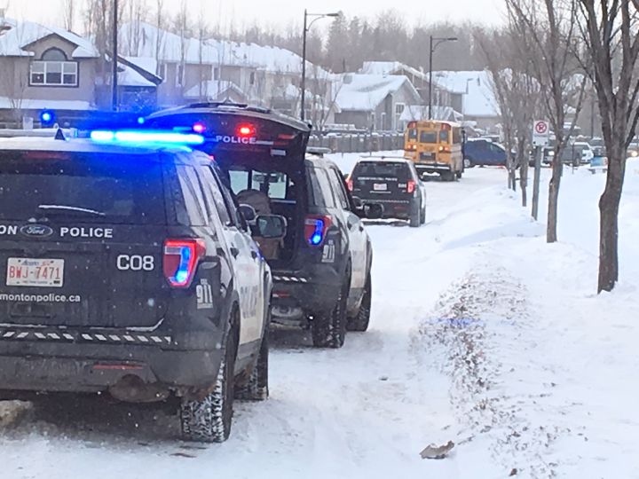 Police investigate a collision involving a bus and two pedestrians in west Edmonton on March 8, 2019.