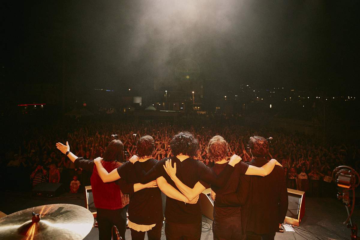 The Raconteurs taking a bow onstage after performing at Third Man Records in Nashville, Tenn., on April 6, 2019.