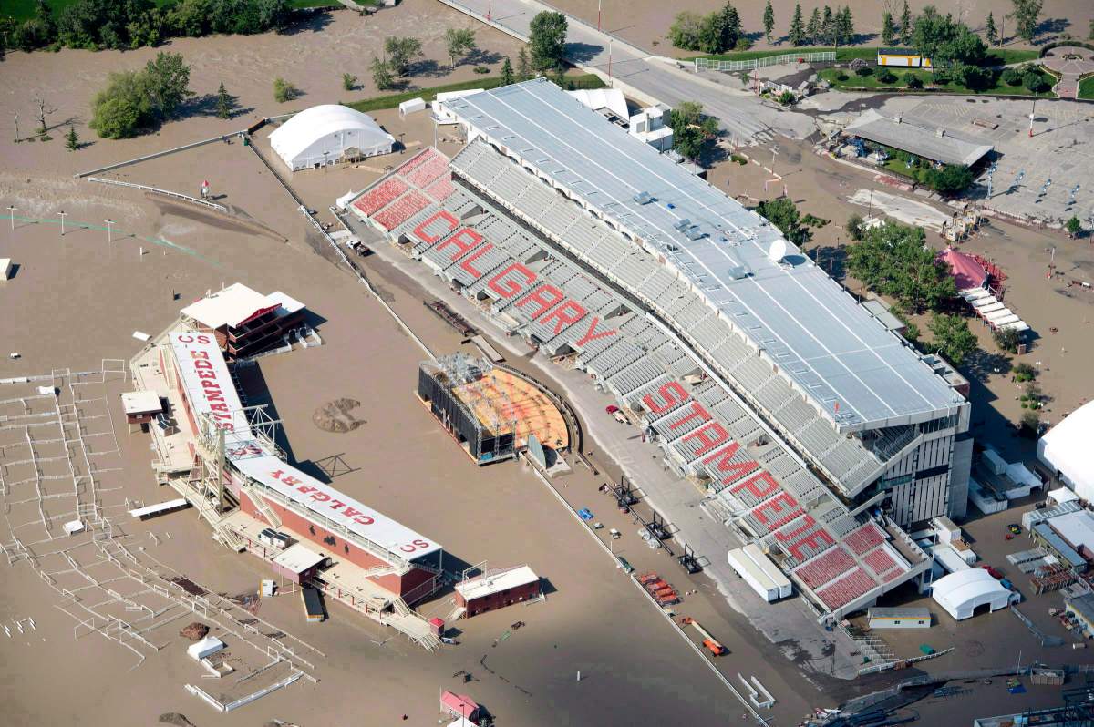 A flooded Calgary Stampede stadium is seen from an aerial view in Calgary on June 22, 2013.