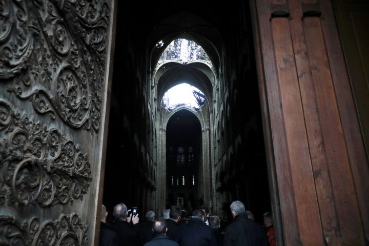 Interior view of Notre-Dame de Paris in the aftermath of a fire that devastated the cathedral, during the visit of French Interior Minister Christophe Castaner (not pictured) in Paris, France, April 16, 2019.