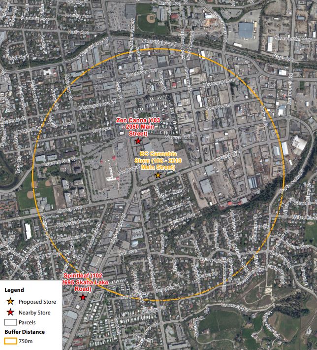 This map shows the 750-metre buffer zone around the proposed B.C. Cannabis Store in Penticton at 106-2210 Main St.
