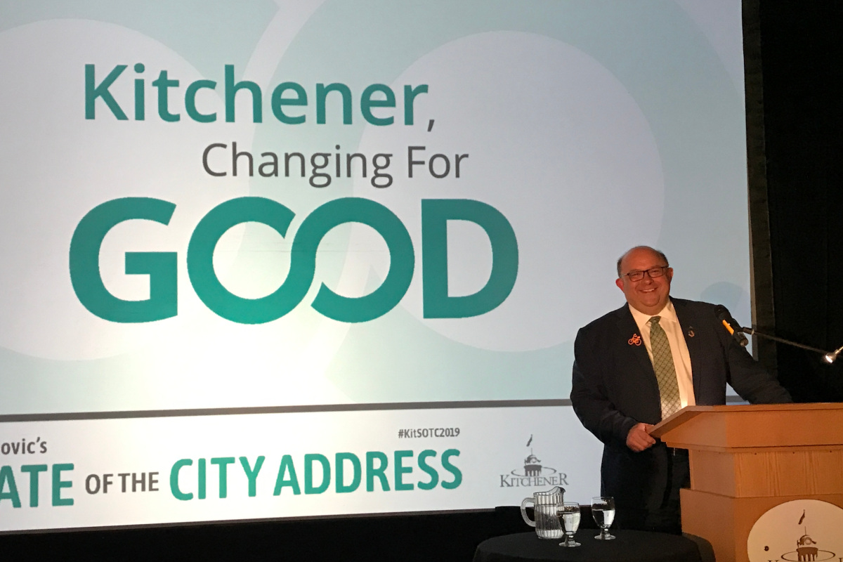 Berry Vrbanovic announced his Corporate Climate Action Plan during his annual State of the City address at the Kitchener Operations Facility.