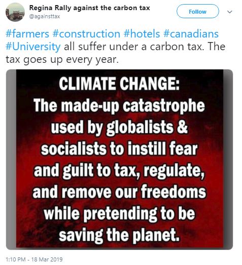 A now deleted tweet from the Regina Rally Against the Carbon Tax twitter account from March 18, 2019.