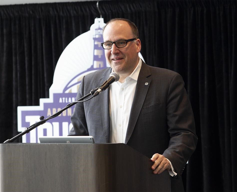 Anthony LeBlanc, Founding Partner, Schooners Sports and Entertainment, speaks at a press conference in Moncton, N.B., on Friday, March 29, 2019.