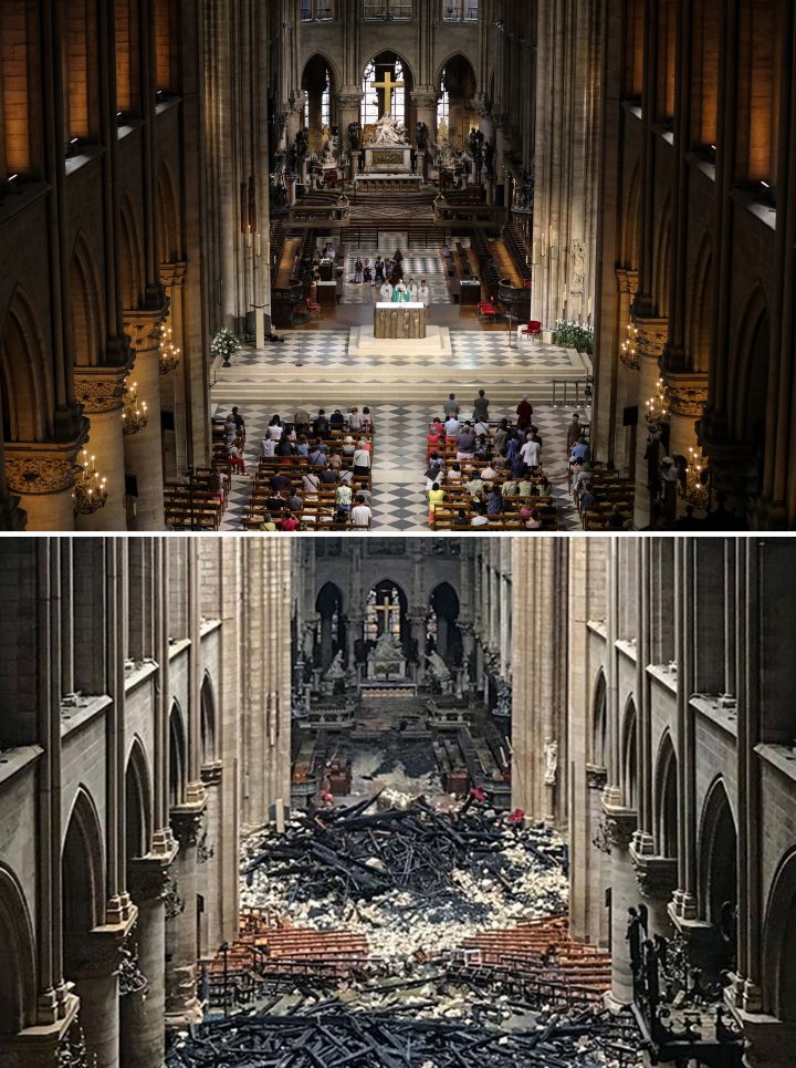 A combination of two pictures made on April 16, 2019 shows people attending a mass at the Notre-Dame de Paris Cathedral in Paris on June 26, 2018.