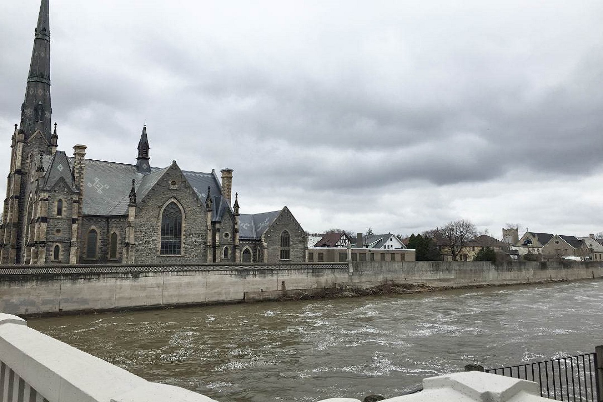 The Central Presbyterian Church overlooking the Grand River in Cambridge, Ont.