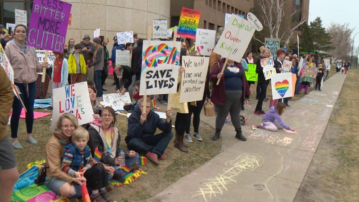 More than 100 people turned out to a rally in Lethbridge on Tuesday to support gay-straight alliances.