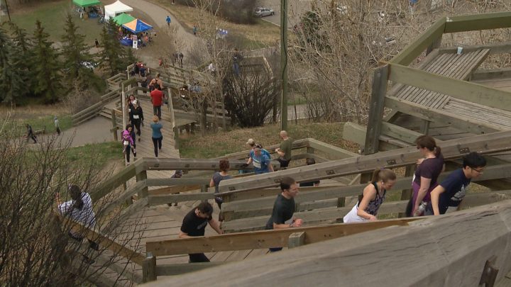 Calgarians climb stairs to end homelessness on Tuesday.