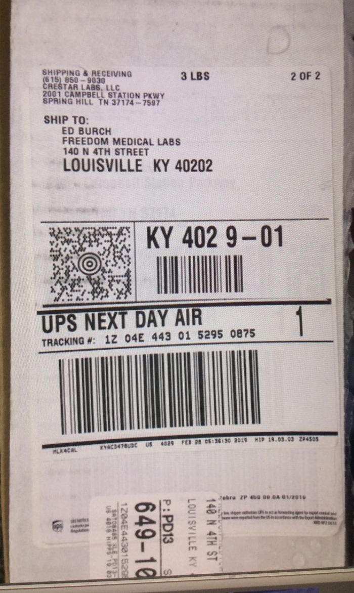 This shipping label shows Crestar Labs sent a package to Ed Burch of Freedom Medical Labs. The address corresponds to the Galt House Hotel in Louisville, Ky.