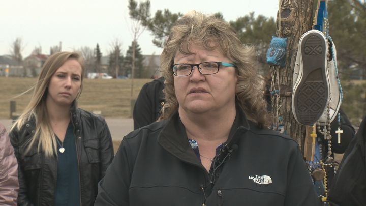 Kim Krupa speaks about her late son Tanner Krupa at a news conference in Edmonton.