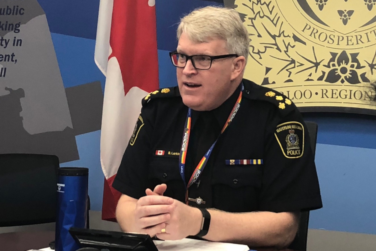 Waterloo Regional Police chief Bryan Larkin meeting with the media.