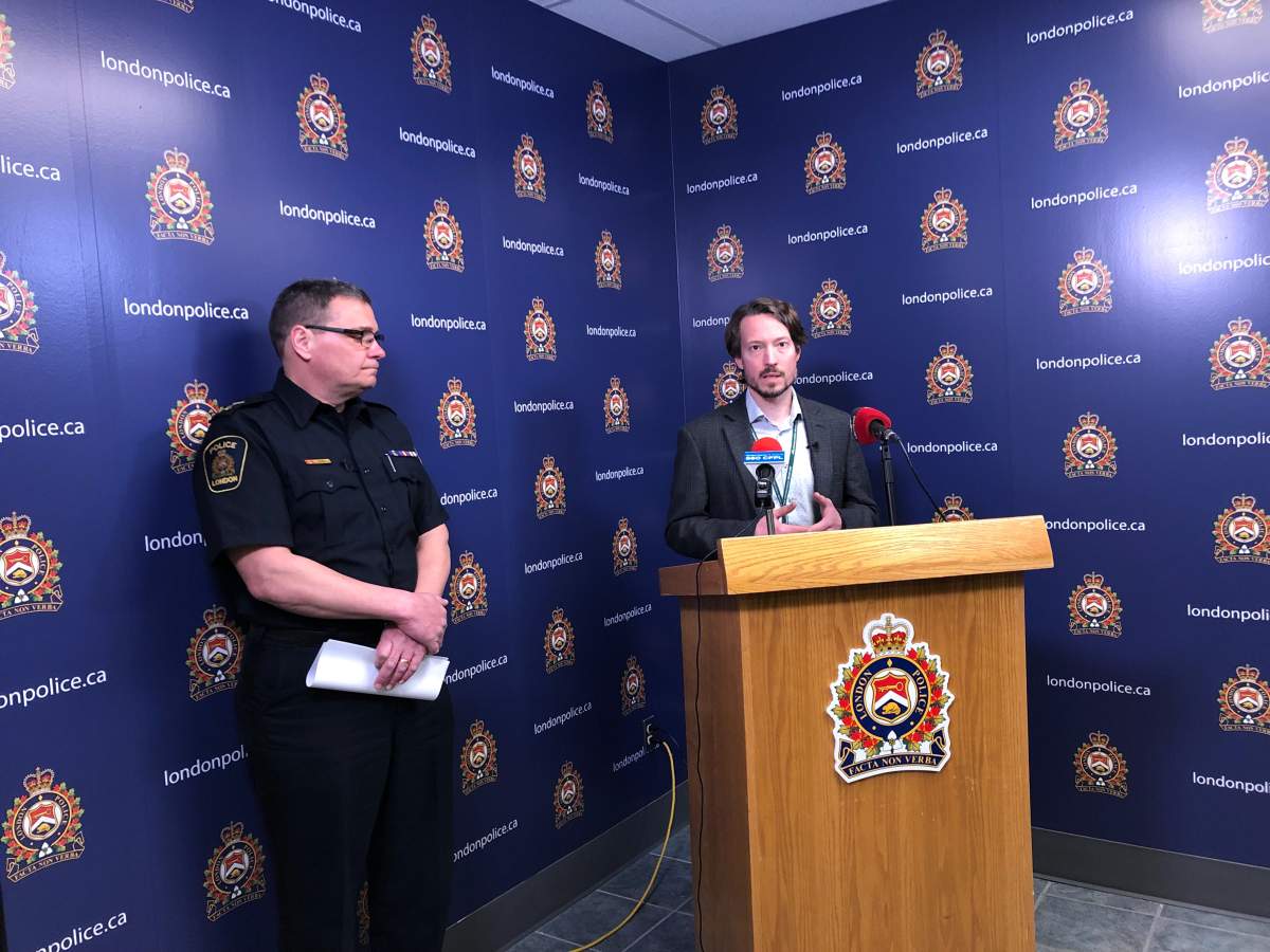 London police Chief John Pare (left) and medical officer of health for London and Middlesex County Dr. Chris Mackie (right) address the recent wave of suspected overdose deaths in London on April 5, 2019.
