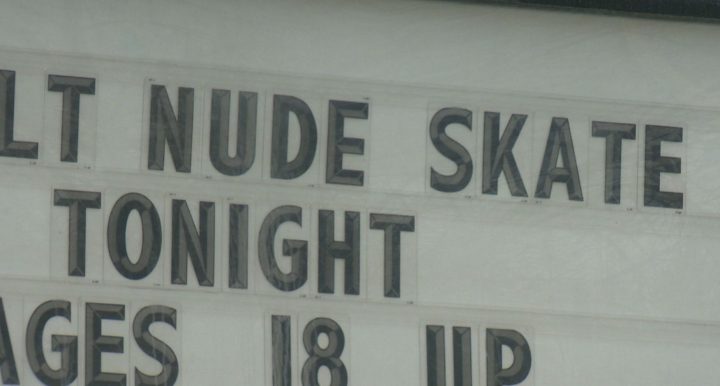 West Hillhurst Community Association in Calgary advertises a nude skating event on April 1, 2019.
