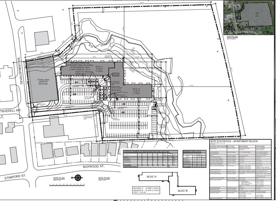 This map lays out the proposed location of the Z-shaped apartment building and nearby townhouses.