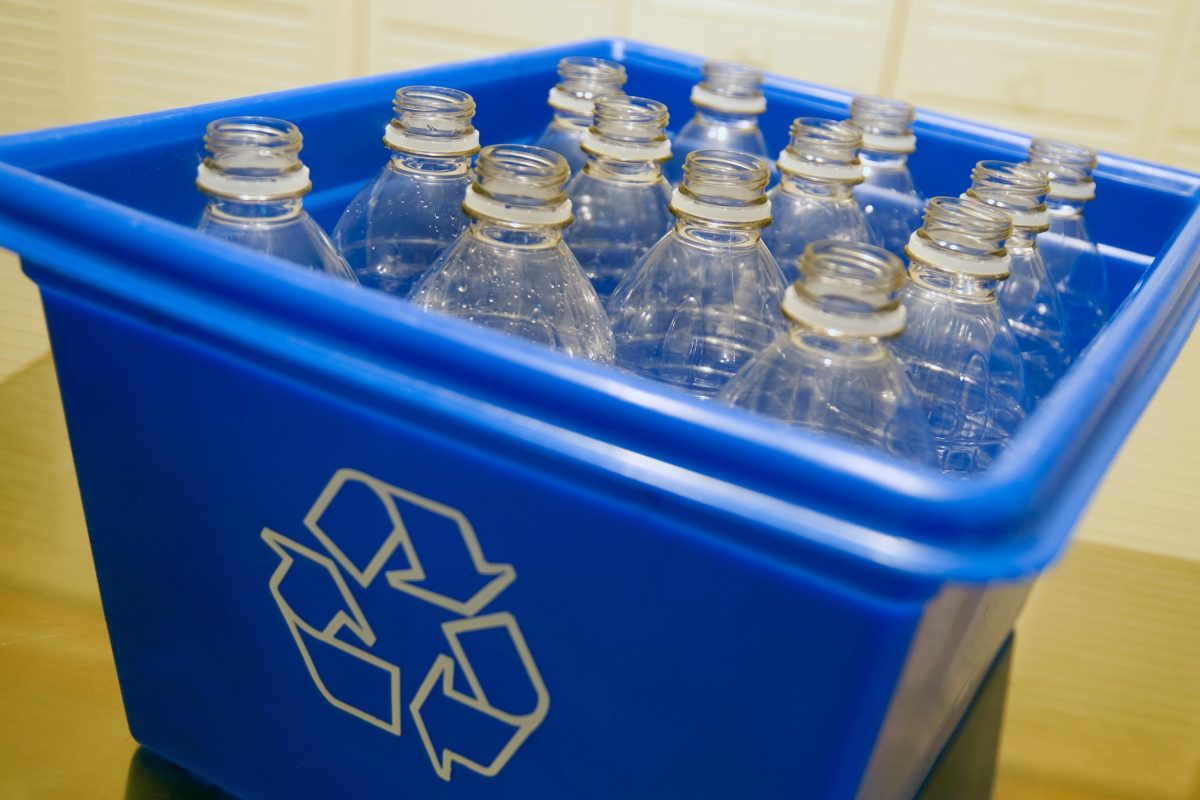 Plastic bottles in recycling bin.